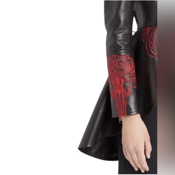 Alexander McQueen Zip Front Embroidered Peplum Leather Moto Jacket, Black, IT38 - Picture 4 of 12